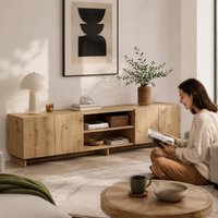 TV-Möbel 180 x 34,5 x 40 cm, aus Holzwerkstoff, Eiche, mit Schubladen und Türen, modernes, minimalistisches Design, geeignet für das Wohnzimmer.