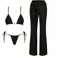 Black 3Pc Button Bikini Sexy Swimsuit Women 2026 New Swimwear Lace Skirt Swim Suit Push Up Bathingsuit Bandeau Biquini Beachwear
