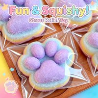 Rainbow Flocked Cat Paw Squishy Soft TPR Squeeze Toy Stress Relief Fidget Toy Kawaii Animal Sensory Decompression Gift