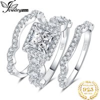 JewelryPalace 3Pcs 925 Sterling Silver Halo Wedding Engagement Ring Set for Women 2.9ct Princess Cut AAAAAA CZ Fashion Jewelry