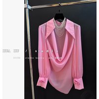 Women's Elegant Handmade Flower Chiffon Shirt Custom Fabric Long Sleeve Blouse