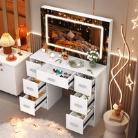 White Modern Vanity Set with Touch Control Dimmer LED Mirror 7 Drawers Sturdy Wood Frame Women/Girls Bedroom Makeup Desk