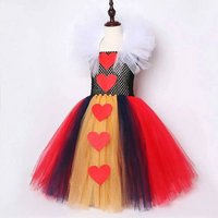Red Hearts of Queen Long Costumes for Girls Carnival Halloween Tutu Dress with Crown Stick Kids Christmas Birthday Party Outfit