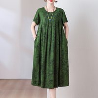 New Fashion Casual 2026 Summer Dresses For Women Vintage Short Sleeve O-Neck Printing Loose Floral Dress Women Clothes