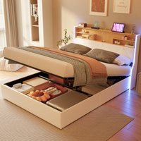 Lit double Comanlai 160x200, revêtement en cuir synthétique blanc. Cadre de lit avec système de levage hydraulique pour rangement, tête de lit avec rangement et sommier à lattes en bois
