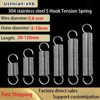 5/2Pcs 0.8mm 304 Stainless Steel S-hook Spiral Coil Tension Spring, Outer Diameter: 6/8/10mm, Length: 20-120mm, Customizable