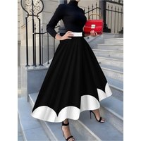 Retro Black and White Wave Hem Printed Midi Skirt for Women Elegant Fashion A Line High Waist Summer Office Party Skirt