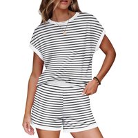 Women's Striped 2 Piece Set Summer Round Neck Short Sleeve Top High Waist Pocketed Shorts Casual Loungewear & Summer Outfit