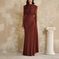 Solid Draped Neckline Long Dress Women Elegant Full Sleeve Cinched-waist Pleated Bodycon Robe 2026 Lady Chic Evening Dinner Gown