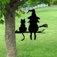 1pc Cute cat and witch metal silhouette, garden patio small decoration for outdoor tree top, Halloween gift