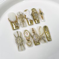 10pcs Long Square Handmade Press on Nails Retro Fake Nails with 3D Golden Decoration False Nail 네일팁 Накладные Ногти Uñas ネイルチップ