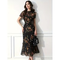 Women's floral print fashion mesh spliced multi-layer round neck elegant midi dress