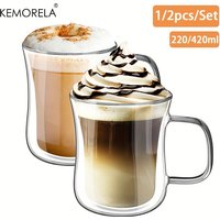 1/2PCS Cappuccino Double Wall Glass Double Wall Glass 220/420ML Borosilicate Glass with Handle For Iced Coffee and Americano