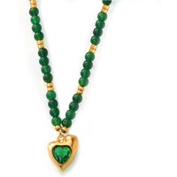 Natural Green Agate Bead Chain Necklace Women Luxury Zircon Heart Pendant Vintage Necklace Accessories Stainless Steel Jewelry