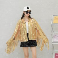 Shiny Tassel Jacket Women's Performance Stage Outfit Spring Autumn Sparkling Sequin Top Silk Sha Fabric Commute Style Loose Fit