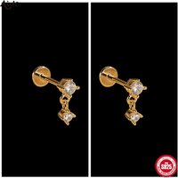 Aide Plata S925 Sterling Silver Delicate Zircon Dangle Studs Double Zircon Drop Earrings Perfect Birthday & Daily Gift for Her