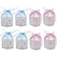 24/48Pcs Blue Pink Carousel Design Paper Candy Box With Ribbon Chocolate Kids Birthday Gift Packaging Boxes Baby Shower Supplies