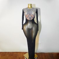 Luxury Party Birthday Long Dress Mesh See Through Rhinestones Skirt Dance Performance Stage Evening Carnival Festival Drag Queen