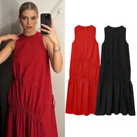 Women New Summer Sleeveless O-neck Long Dress Women's French Style Loose Vintage Bow Midi Dress Female Beach Dress Vestido