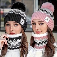 AliExpress NONE 2pcs Set Fleece-Lined Neck Warmer and Hat Combo for Autumn/Winter Outdoor Cycling, Thick Ballknitted Beanie