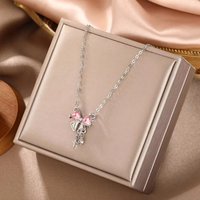 Sweet Pink Bow Necklace Ladies Fashion Sparkling Rhinestone Star Shape Pendant Clavicle Chain Delicate Wedding Accesories C