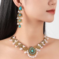 Boho Turquoises Bride Jewelry Sets for Women Luxury Gold Color Geometric Carved Blue Stone Drop Earrings Wedding Necklace Sets