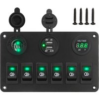 6 Gang Rocker Switch Panel LED Digital Voltmeter Waterproof Car Marine Circuit Breaker Dual USB Ports ON/OFF Lights DC 12V/24V