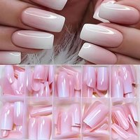 120Pcs Minimalist Pink-White Gradient Fake Nails Glossy Long Square French Press-On Nails Full Cover Wearable False Fingertips 1