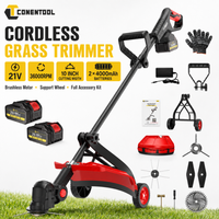 CONENTOOL 21V Brushless Cordless Grass Trimmer 36000RPM 10 Inch Electric Brush Cutter with 2x4000mAh Batteries Support Wheels Dual Safety Foldable Handle Saw Blade Metal Blades for Lawn Garden Orchard