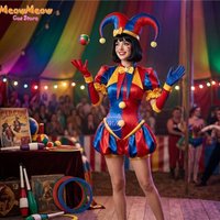 ADC Circus Clown Pommni Full Cosplay Set: Red/Blue Onesie + Wig + Hat + Gloves + Shoes, Halloween Carnival Costume Women