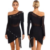 Womens Shoulder Fringed Latin Dance Dress Sheer Mesh Patchwork Long Sleeve Irregular Hem Leotard Dresses for Tango Cha-Cha Samba