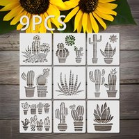 9PCS 5.9 Inch Cactus Stencil Template Succulent Plant Painting Stencil for DIY Wall Furniture Decor