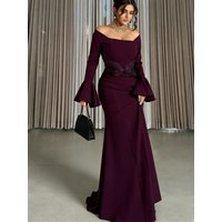 Women's Off Shoulder Mermaid Evening Dress Long Flare Sleeve Formal Party Gown