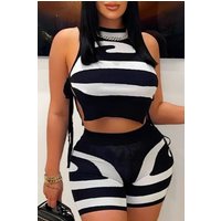 New Women Knit 2 Piece Outfit,Black White Striped Halter Crop Top&High Waist Shorts Set,Sexy Bodycon Streetwear Casual Clubwear