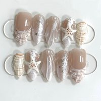 24Pcs 3D Shell Starfish French False Nails Press on Mid-length Almond Pearlescent Design Fake Nails Wearable Full Cover Nail Tip
