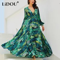 Spring Autumn Oversized V-neck Printing Lace Up Chiffon Dress Female Long Sleeve Waist A-line Robe Women's Loose Casual Vestidos