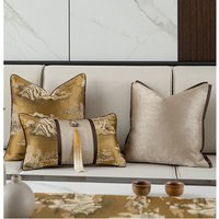 Classical Chinese Jacquard Cushion Cover Sofa Golden beige Pillow Cover Satin Silk landscape paintings Pillowcase