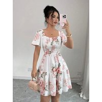 Printed Square Collar Waist Cinching Dress Casual Polyester Short Sleeve Women's Dress S-Shape Silhouette Standard Fit