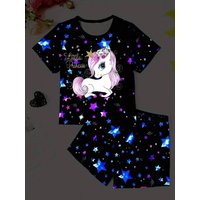 2026 Girls' Summer Home Leisure Two Piece Set, Pony Star Printed Round Neck Short Sleeve Top+Star Printed Wide Leg Shorts Set