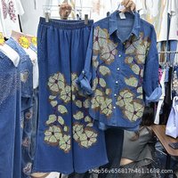 Fashion Lady Women Denim Sets Mid-long Flowers Diamonds Loose Long Sleeve Cardigans Top + Elastic Waist Casual Long Trousers