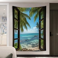 VIKAMA Window View Beach Tapestry Tropical Ocean Wall Hanging for Bedroom Living Room Dorm Vacation Aesthetic Home Decor