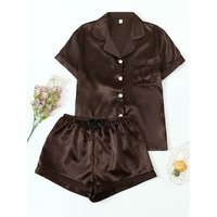 Two-Piece Set of Comfortable Satin Printed Collared Button-Down Short-Sleeve Top with Pockets and Bow Shorts, Spring and Summer Women's Pajama Loungewear Set Suitable for Home Use