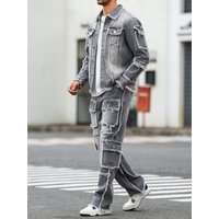 Men's Street Style Casual Distressed Raw-Hem Grey Denim Set, a minimalist and fashionable two-piece ensemble.