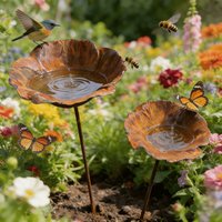 Lotus Leaf Metal Bird Bath Flower Rusted Vintage Bird Water Dispenser Ground Insert Handcrafted Garden Birdbath Stake Bee Feeder