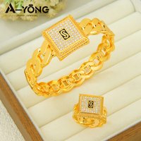 Italian Hip Hop Zirconia Jewelry Set 24k Gold Plated Arabic Fashion Punk Cuff Bangles Ring Ethiopian Women Event Party Jewelrys