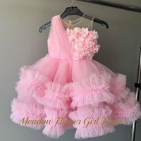 Meadow Blush Pink Cute Princess Girls Dress Sheer Mesh Neckline First Communion Gown 3D Flower Children Birthday Wedding Dresses