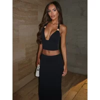 XIAOTANG Elegant Summer 2 Piece Sets Women Metal Ring Crop Tops and Maxi Skirt Female Fashion Solid Lace-up Beach Two Piece Sets