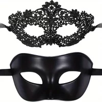 QQ Makeup Ball Hollow Lace Face Mask 2pcs Sexy Black Lace Masks Men Women Couple Venetian Cosplay Halloween Carnival Party Masqu