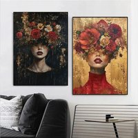 Floral Woman Wears Mystery – Colorful Fashion Modern Mystical Frameless Canvas Poster for Living Room Home Wall Decor