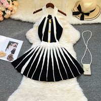 YuooMuoo Brand Fashion Sexy Backless Halter Knitted Dress Women Elegant White and Black Patchwork Slim Waist Pleated Party Dress